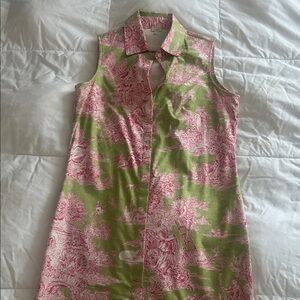 Chic Green and Pink Toile Midi Dress 🩷💚